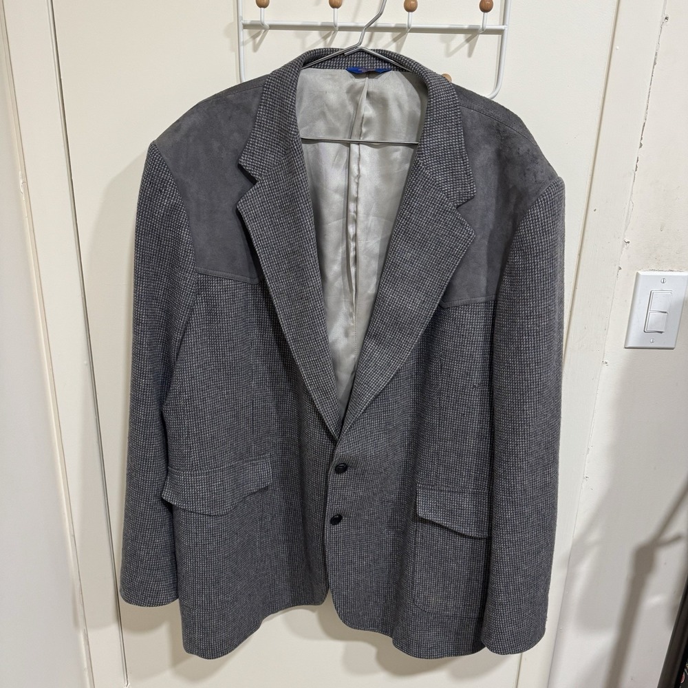 Vintage Pendleton Mens Tall 52 Large Wool Gray Tweed Jacket Coat Suede RN 29685